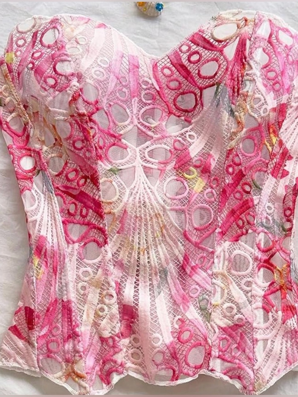 Sheer Crochet Lace Floral Corset Top in Pink and Cream